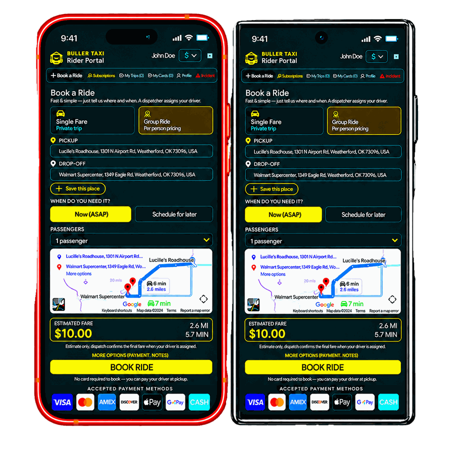 Buller Taxi Rider Portal app shown on an iPhone and an Android phone — book a ride in seconds